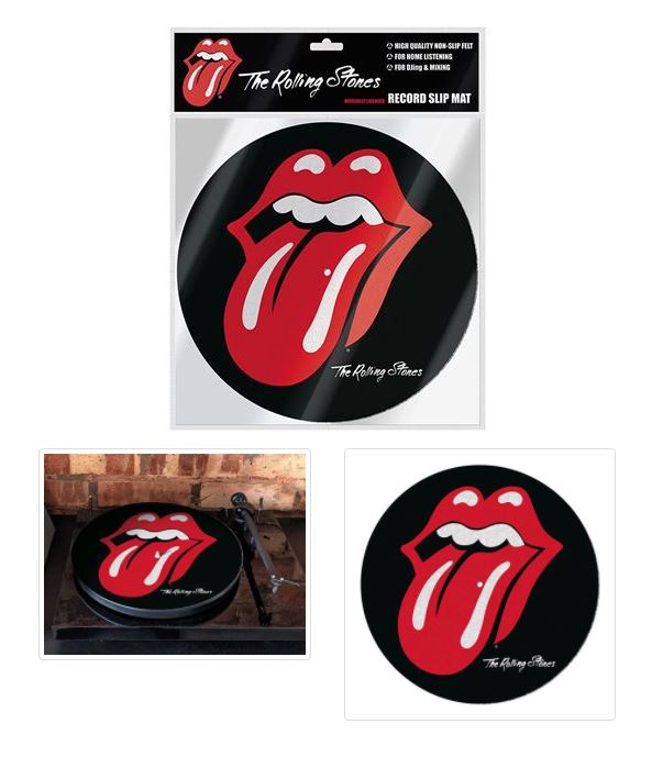 Image of the high-quality Rolling Stones Slipmat by Blue Dog Posters, showcasing the iconic red mouth and tongue logo. The top section displays the slipmat in its original packaging, while the bottom left and right images show it securely placed on a turntable.