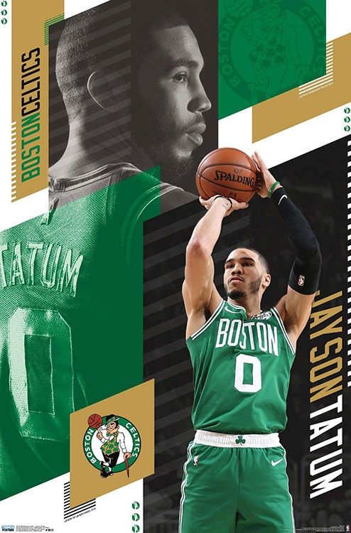 A basketball player in a green SPO 050 NBA Boston Celtics uniform with the number 0 is shown shooting a basketball. The background features images and graphics, including a black-and-white profile shot of the player, the Boston Celtics logo, and his name, "Jayson Tatum.