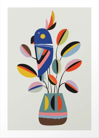 A stylized illustration of a blue bird perched on an abstract plant with colorful leaves by Rachel Lee. The Rubber plant by Rachel Lee, part of the fap Featured Artists Collection, is in a pot with geometric patterns featuring red, yellow, black, and teal shapes. The background is a plain light gray.