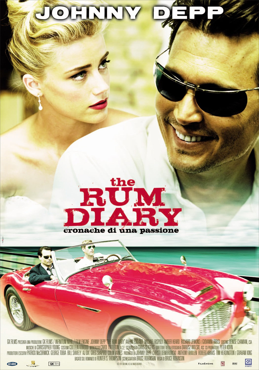 Movie poster for "The Rum Diary." A smiling man wearing sunglasses is positioned in the foreground with a woman in a white dress behind him. Below them, two men are in a red convertible. The title is in red text, with additional text in Italian. Printed on premium 150gsm gloss paper for hit movie poster enthusiasts. Product Name: The Rum Diary Brand Name: IMP 040