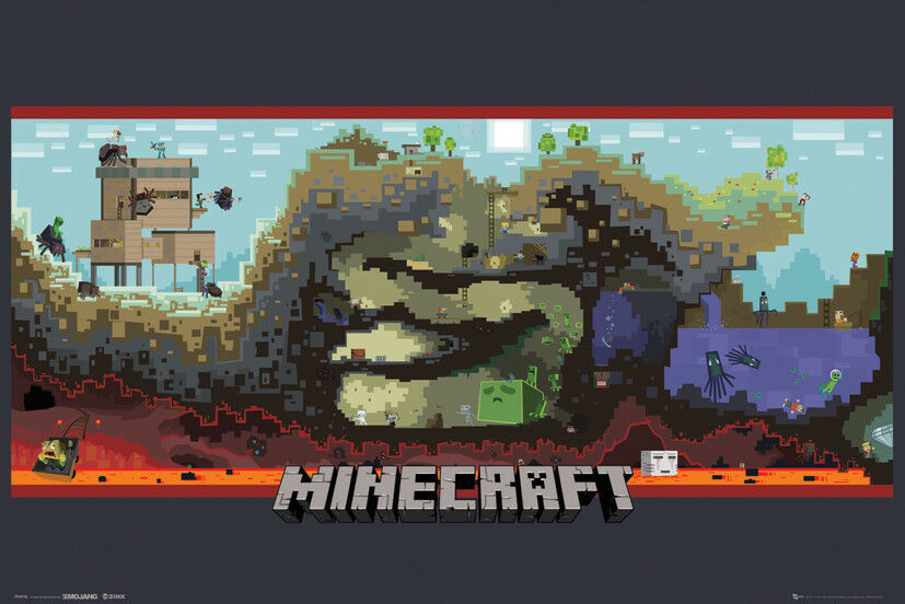 A colorful Minecraft-themed gaming poster from GAM 053 depicts different biomes and structures both above and below ground, including trees, water, lava, and various creatures like zombies, skeletons, and Creepers. Printed on premium gloss paper, the word "Minecraft" is prominently featured at the bottom.