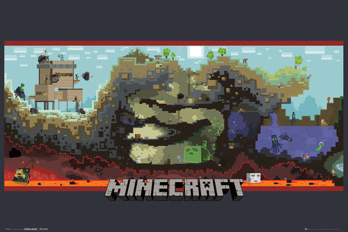 A colorful Minecraft-themed gaming poster from GAM 053 depicts different biomes and structures both above and below ground, including trees, water, lava, and various creatures like zombies, skeletons, and Creepers. Printed on premium gloss paper, the word "Minecraft" is prominently featured at the bottom.