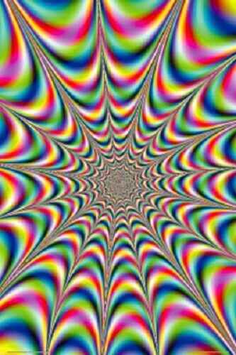 A vibrant, multi-colored psychedelic pattern radiates from the center, creating a starburst effect. Printed on premium 150gsm gloss paper, the design of Classical Fractal by ALT 003 features swirling, wavy lines in shades of red, green, blue, yellow, and purple, giving a hypnotic and optical illusion-like appearance.