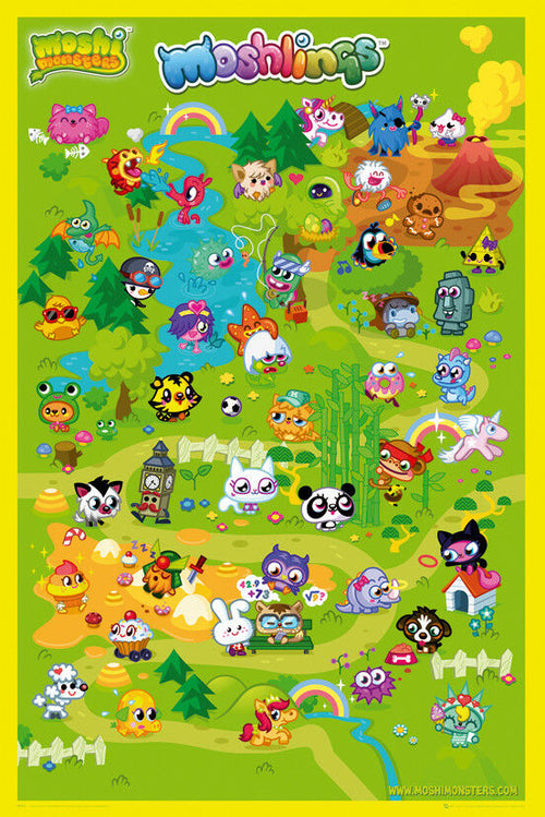 A vibrant, detailed map featuring colorful Moshlings—characters from the Moshi Monsters universe—engaged in various activities such as playing sports and exploring nature. The lush, whimsical landscape includes rainbows, lakes, and a variety of fantastical elements, resembling a lively KID 066 Moshi Monsters.