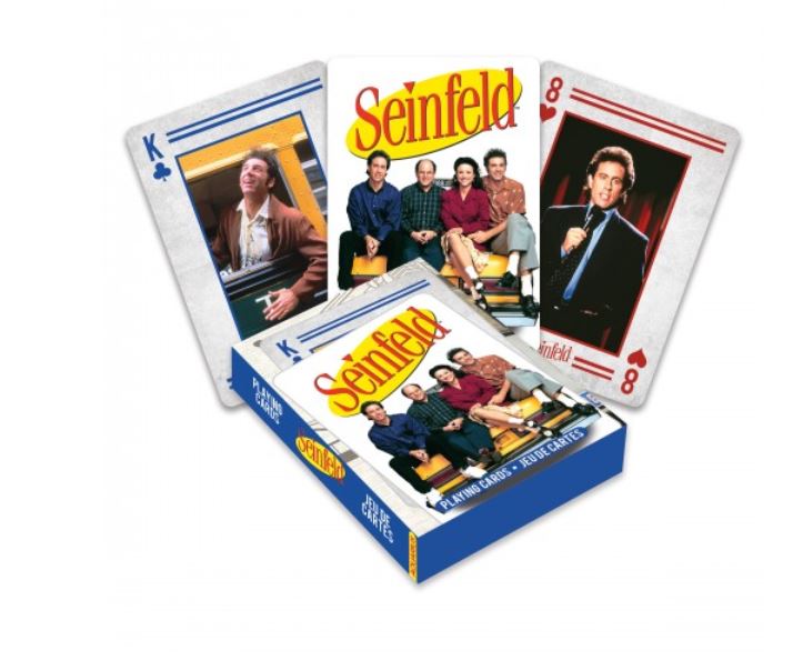 The Seinfeld Photos Playing Cards by Blue Dog Posters make for cool gifts. Featuring a deck with three visible cards, the product includes an illustration of a man eating a sandwich, a group photo of the iconic show's crew on the card box, and another man holding a microphone. Perfect for any game night!