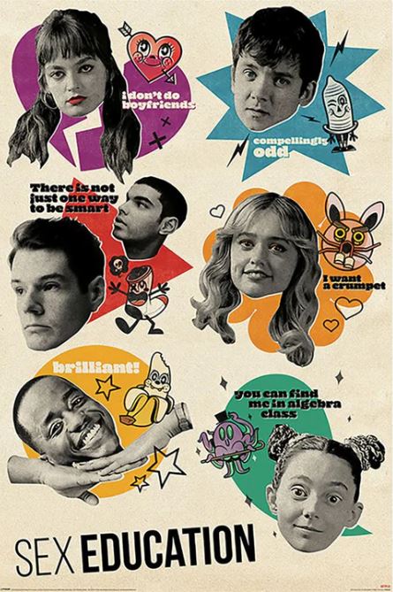 Sex Education Don't Quote Me poster by MTV 279 showcases six character headshots against a vibrant background adorned with animated emojis and icons. Each character's unique expression is highlighted, surrounded by illustrated quotes and phrases, making it an ideal addition to your Movies & TV Collection.