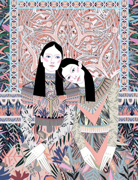 Sisters by Sasha Ignatiadou from Blue Dog Posters is an illustrated art print depicting two women with long, black hair wearing intricate, patterned clothing in soft colors. They sit closely together, with one resting her head on the other's shoulder against a background featuring a detailed, decorative tapestry with a nature-inspired design.
