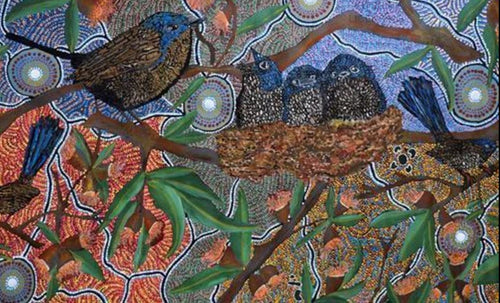 MEZ 503 presents "6 Seasons Dreaming" by Julianne Wade, a detailed painting featuring vibrant swirling patterns in shades of blue, green, orange, and brown. The focal point is a bird's nest on a branch with three small birds and one larger bird nearby. Lush green leaves and more birds adorn the scene on matte art paper.