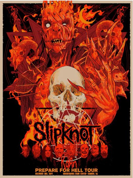Experience the electrifying "Slipknot 2014 Red" poster by Blue Dog Posters, showcasing a vivid silkscreen print for the "Prepare for Hell Tour". The Red Edition illustration is packed with demonic figures, skulls, and flames. Bold text highlights "Slipknot" and "Korn," along with the tour date and location: December 3rd, 2014 in Camden, NJ.