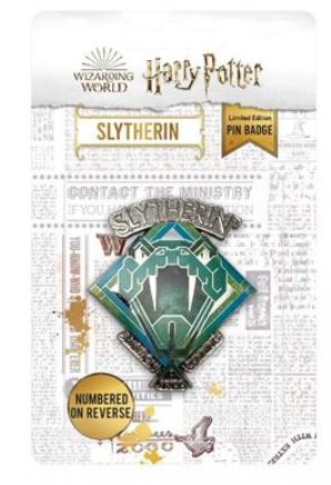 The "Harry Potter Slytherin Pin Badge" from Blue Dog Posters is a limited edition, metal-embossed item featuring a green and silver serpent design. It comes in its original packaging, complete with the "Wizarding World" logo and the word "Slytherin." A unique number is indicated on the reverse side of the badge.