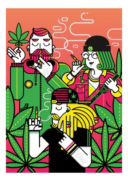 Illustration from the Little Art series featuring three people with various styles smoking and holding marijuana leaves, surrounded by large cannabis plants. The background transitions from red at the bottom to orange at the top with stylized smoke curling upward. Available as Smokers by Dario Genuardi A5 mini prints or in deluxe postcard frames from Blue Dog Posters.
