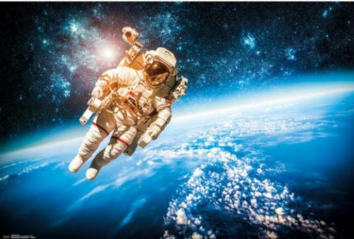 An astronaut in a Space Walk spacesuit floats in outer space with a stunning view of Earth below and a star-filled galaxy in the background. The astronaut, depicted on this vibrant EDU 056 educational poster, appears to be weightless amidst the clear display of stars and cosmic elements behind them.