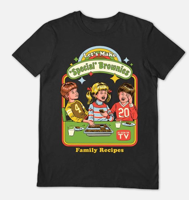 Here's an alternative version of the sentence incorporating the given product data:
The Blue Dog Posters Special Brownies T-Shirt Black SMAL features a retro-style illustration of three children (two boys and a girl) with text that reads "Let's Make 'Special' Brownies," "Family Recipes," and "As Seen on TV." The background is adorned with colorful stars and shows a tray of brownies on the table.