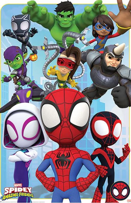 The Spidey & His Amazing Friends Kids TV Poster by KID 006 showcases animated characters Spider-Man, Ghost-Spider, and Spin in the foreground, with Green Goblin, Doc Ock, Rhino, and Hulk posing against a light cityscape in the background.