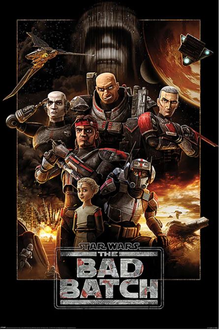 Presenting the Star Wars The Bad Batch poster by MTV 166. It features a group of characters in futuristic combat gear, with five main characters standing prominently, one of whom is holding a child. The background showcases spaceships and an ominous face against a cosmic scenery. Printed on 150gsm gloss paper, this poster is perfect for any Movies & TV collection.