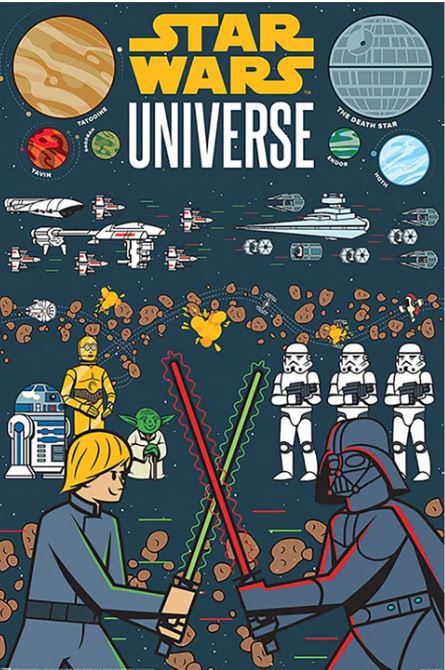 An illustrated Star Wars Universe Illustrated Poster from the MTV 169 Movies & TV Collection. It features planets, X-wing and TIE fighter ships, iconic characters like Luke Skywalker, Darth Vader, C-3PO, R2-D2, and stormtroopers. An epic lightsaber duel between Luke and Darth Vader takes center stage in the foreground.