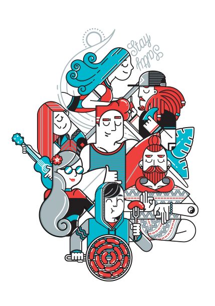 A stylized illustration featuring nine abstract human figures with varying hairstyles and accessories, part of the Stay Salty by Dario Genuardi A5 series. Some characters hold objects like a guitar and a target. The top right figure has "Stay Loose" written in cursive above them. The color palette is primarily red, teal, and black. This artwork is available from Blue Dog Posters.