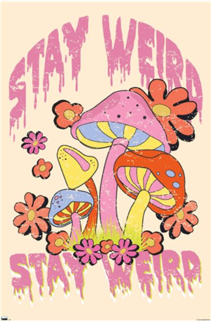 The "Stay Weird Mushrooms" poster from ART 049 is a vibrant rock poster featuring colorful, cartoon-styled mushrooms and flowers. The text at the top and bottom says "STAY WEIRD" in dripping, bold pink letters. Printed on premium 150gsm gloss paper, the background is a soft beige color. Perfect for any music collection!