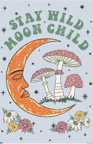 An illustrated image showcases a crescent moon with a serene face, surrounded by an array of mushrooms and stars. The text above reads, "Stay Wild Moon Child," while flowers at the bottom add a whimsical touch to the design. This motivational poster, printed on premium 150gsm gloss paper, is part of our Life & Humour Collection from ART 051.