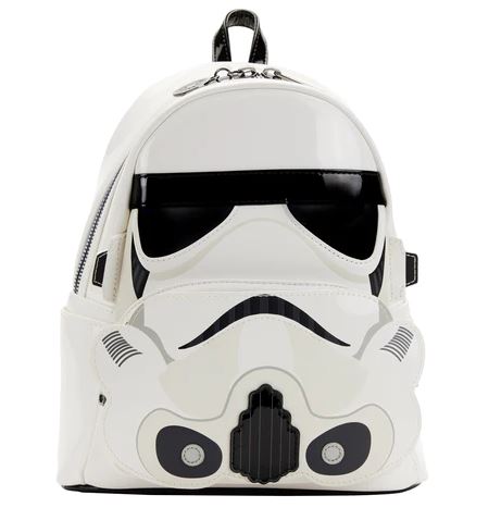 The Blue Dog Posters' Star Wars Stormtrooper Lenticular Backpack is a white mini backpack designed to resemble the helmet of a stormtrooper from the iconic Star Wars series. It features a black visor, black and grey detailing, and a zippered main compartment. The sleek design captures the iconic stormtrooper appearance, making it perfect for cosplay.