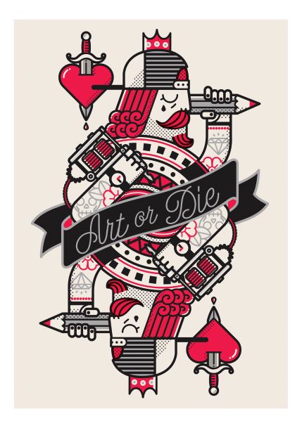 The "Tattoo by Dario Genuardi A5" from Blue Dog Posters features an artistic card illustration from the Little Art series, showcasing a decorated King of Hearts holding a pencil and a heart-shaped symbol pierced by an arrow. The figure's arms create a mirrored effect, while a stylized banner across the middle reads "Art or Die." This piece is ideal for mini prints.
