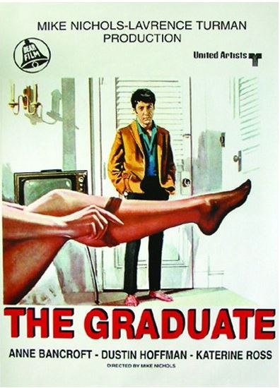 A classic movie poster for *The Graduate* depicts a man in a tan blazer and black pants standing in a room, with the horizontal legs of a woman prominently featured in the foreground. This poster, branded as IMP 001, is printed on premium 150gsm gloss paper and includes the title along with the names Anne Bancroft, Dustin Hoffman, and Katharine Ross.