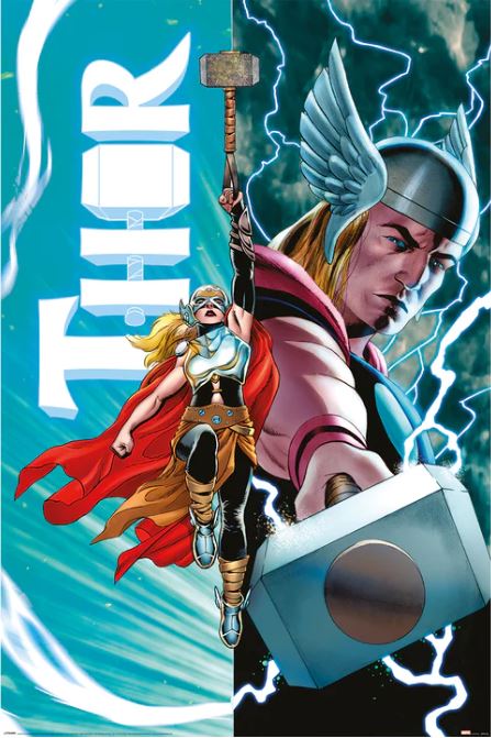 A dynamic comic book cover from MTV 197 titled "Thor Vs Female Thor." On the left, a female Thor holds Mjolnir high against a blue sky backdrop with the word "THOR" vertically. On the right, a larger image of male Thor with lightning, wielding Mjolnir. Both are in heroic poses.