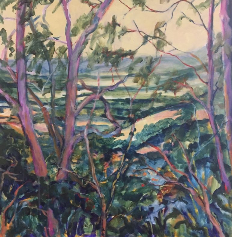Through the Trees by Christine Read, from MEZ 522, showcases a vibrant landscape framed by tall, slender trees with multicolored bark. In the distance, a river meanders through verdant fields beneath a hazy, light-hued sky. This lively artwork is offered as part of our Artist Series Art Prints collection.