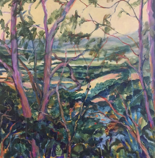 Through the Trees by Christine Read, from MEZ 522, showcases a vibrant landscape framed by tall, slender trees with multicolored bark. In the distance, a river meanders through verdant fields beneath a hazy, light-hued sky. This lively artwork is offered as part of our Artist Series Art Prints collection.