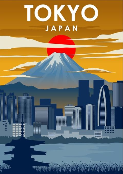 Illustrated poster of Tokyo, Japan by Jorn Van Hezik, featuring Mount Fuji with a red sun setting behind it. The skyline displays various skyscrapers, including a pagoda in the left foreground. The sky transitions through gradient shades of orange, yellow, and blue. "TOKYO" is prominently written at the top, part of TAP's Travel Prints Collection on premium quality poster paper.
