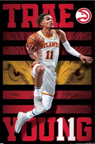 An NBA basketball player sporting a white Atlanta uniform with the number 11 is shown making a jump shot on our "NBA Atlanta Hawks - Trae" poster. The background showcases a hawk's eyes along with the words "Trae Young" in bold red and white letters. As part of our SPO 017 Sport Collection, this stunning poster is printed on premium 150gsm gloss paper.