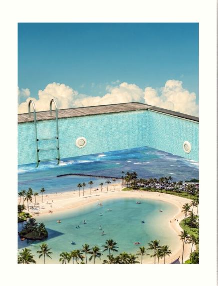 The breathtaking Art Print titled "Tidal Pool by Leaf & Petal" from Blue Dog Posters' Gallery Series showcases a surreal visual where a swimming pool seamlessly merges into a tropical beach scene. The pool's water transitions effortlessly into a coastal area adorned with palm trees, sandy shores, and people enjoying the ocean, all set against the backdrop of cloudy blue skies. This stunning piece is printed on archival paper, ensuring its lasting beauty.