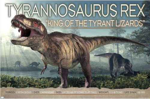 An illustration of a Tyrannosaurus Rex is depicted in a prehistoric landscape featuring mountains and a body of water in the background. Text at the top reads "Dinosaurs T Rex" and "King of the Tyrant Lizards." This educational collection piece from EDU 055 includes details about its period, diet, size, weight, and lifespan.