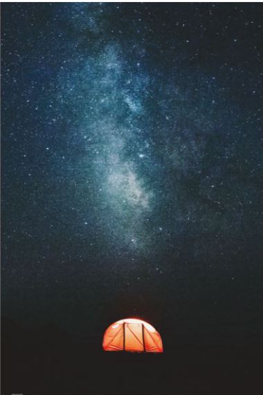 A glowing orange tent sits under a breathtaking night sky filled with countless stars and the visible Milky Way galaxy. Capturing this tranquility and wonder, "Under The Stars" by ART 043 is part of our Scenic Collection, printed on premium gloss paper to highlight the beauty of nature and the cosmos.