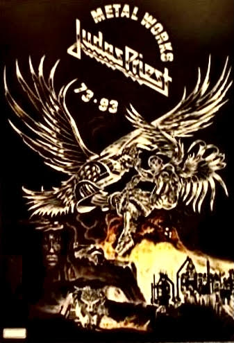 Vintage-style album cover with prominent "Judas Priest - Metal Works" title and "Judas Priest 73·83" text. This MUS rock poster features dramatic, black-and-white artwork of an angelic and a demonic figure in battle, with an industrial scene and stormy clouds below. A must-have for any music collection.