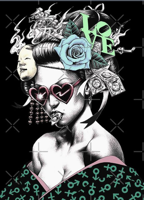 Introducing the Vapourwave Geisha by OWLvision33, part of our Gallery Series from Blue Dog Posters. This black-and-white illustrated figure with heart-shaped sunglasses and a punk aesthetic wears a headdress adorned with a blue rose, currency, a mask, and the word "LOVE" in green. She sports an off-the-shoulder dress featuring a pink and green pattern of gender symbols. Available as an art print on archival paper.