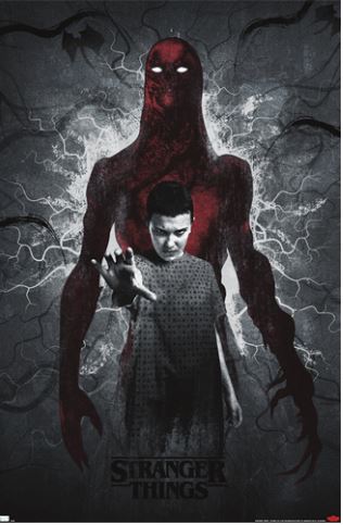 MTV 125's "Stranger Things Season 4 Vecna & Eleven" poster depicts Eleven, a young person in a hospital gown with their hand extended, seemingly using psychic powers. In the background, the menacing figure of Vecna looms with glowing eyes and a muscular build, surrounded by mysterious vine-like tendrils.