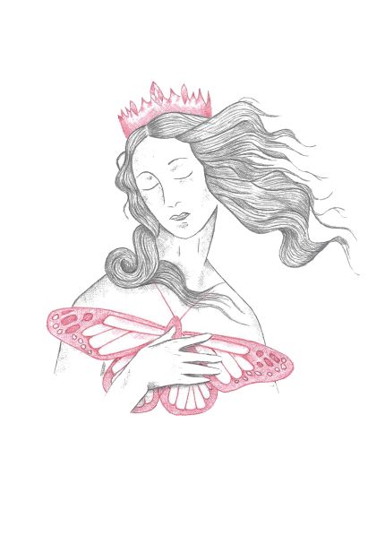 Illustration titled "Venus by Olivia A5 Print" features a woman with flowing hair wearing a crown, holding a large butterfly with pink wings. This artwork, part of the Little Art series by A5, is primarily rendered in monochrome with selective pink coloring on the crown and butterfly, creating a whimsical and serene effect.