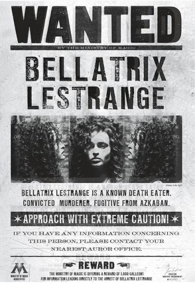 The Wizarding World - Harry Potter, by brand MTV 065, presents a wanted poster for Bellatrix Lestrange issued by the Ministry of Magic. Known Death Eater and convicted murderer, she is a fugitive from Azkaban. Approach with extreme caution! Printed on premium gloss paper, this large regular poster urges you to contact your nearest Auror office if you have any information concerning her whereabouts.