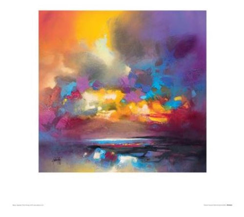 A vibrant abstract painting from the Decor Series depicts a colorful and dynamic sky with a mix of yellow, pink, purple, and blue hues. The blend of colors creates a dramatic and lively atmosphere, reflecting upon a calm body of water below in premium quality Warmth Eminates by Scott Nairsmith by Blue Dog Posters.