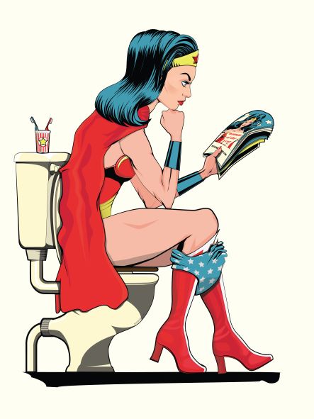 Wonder Woman on the Toilet A5 by Wyatt9, from the brand fap, features a comic-style illustration of a superhero in red cape, red boots, and blue attire adorned with stars. She is seated on a toilet reading a magazine while a drink with a straw rests on a small shelf beside her. This quirky image is an ideal addition to the Little Art series and fits perfectly in Deluxe Postcard Frames.