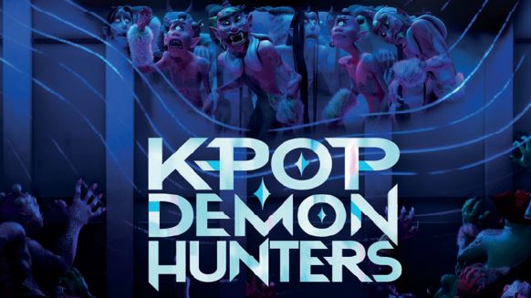 Claymation-style demons snarl and reach through bars above the glowing title "K-Pop Demon Hunters" in bold, blue and white letters against a dark, dramatic background.