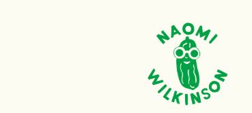 A green cartoon pickle with sunglasses and a smile is next to the green text "NAOMI WILKINSON" on a cream background.