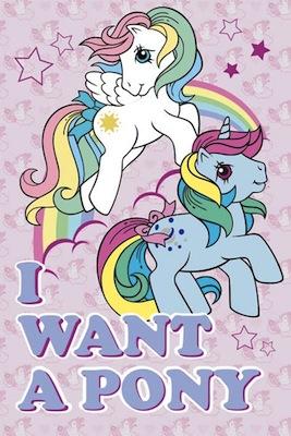 Two colorful cartoon ponies, one white with wings and a sun symbol, and one blue with a horn and heart symbols, stand with a rainbow and stars. "I WANT A PONY" is written in purple. My Little Pony - I Want A Pony by KID 022—perfect for fans!.