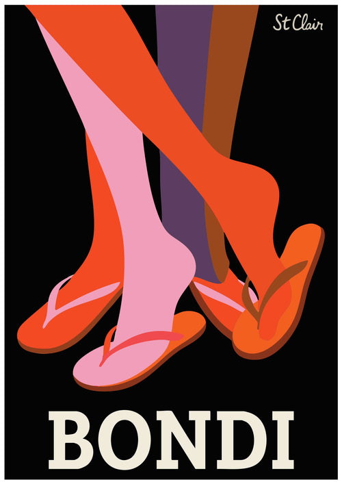 Bondi - Liza Murphy by fap: A stylized art print of three legs in colorful tights and orange flip-flops on black. “BONDI” at the bottom, “St Clair” at the top right. Part of the Featured Artists Collection.