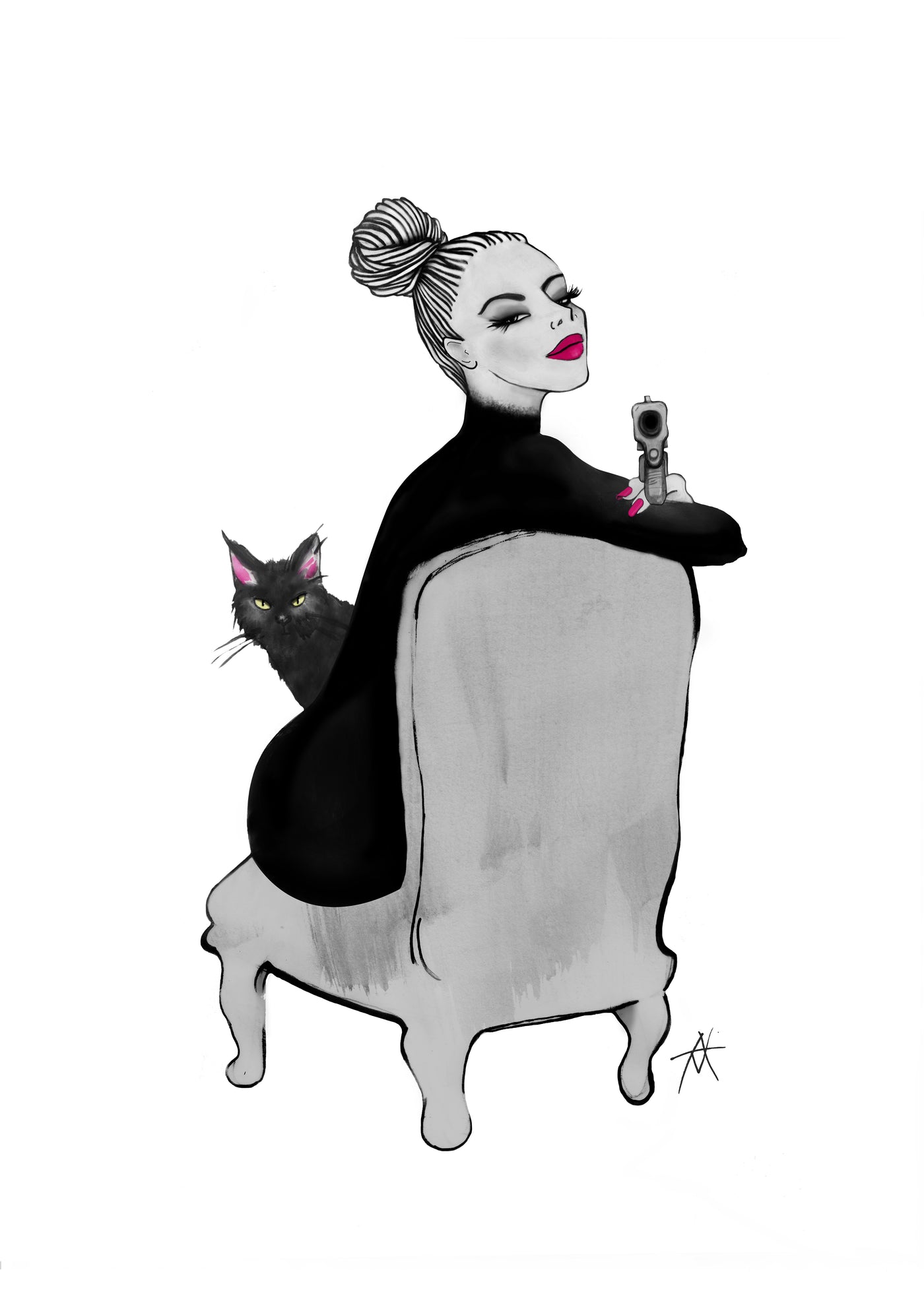 A stylish woman with a bun and bright pink lipstick sits backwards on a chair holding a gun, as a black cat peeks out. "She is my Pussy" by Antony Makhlouf from fap features bold black, white, and pink accents.