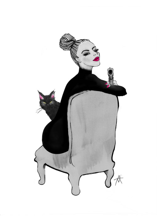 A stylish woman with a bun and bright pink lipstick sits backwards on a chair holding a gun, as a black cat peeks out. "She is my Pussy" by Antony Makhlouf from fap features bold black, white, and pink accents.