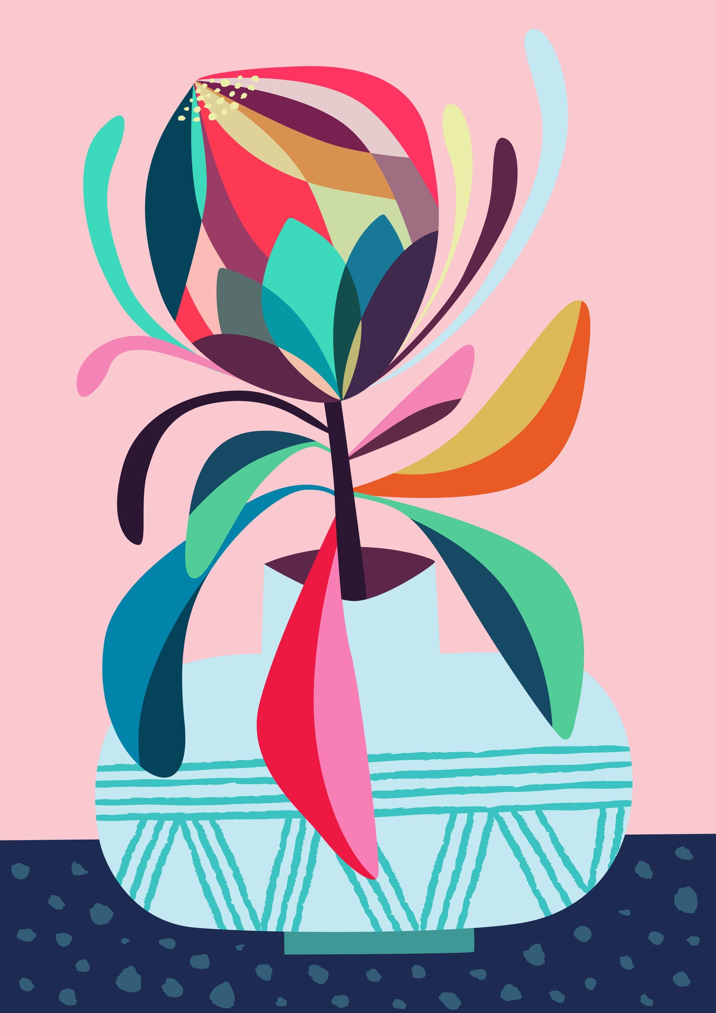 Protea in Vase by Rachel Lee for fap features a vibrant abstract flower with colorful petals in a blue-patterned vase, set against a pink background and dark dotted surface. Part of the Featured Artists Collection.