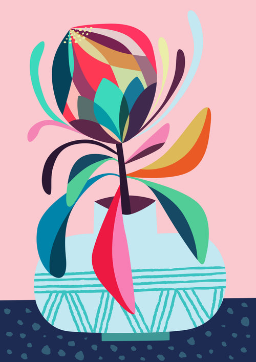 Protea in Vase by Rachel Lee for fap features a vibrant abstract flower with colorful petals in a blue-patterned vase, set against a pink background and dark dotted surface. Part of the Featured Artists Collection.