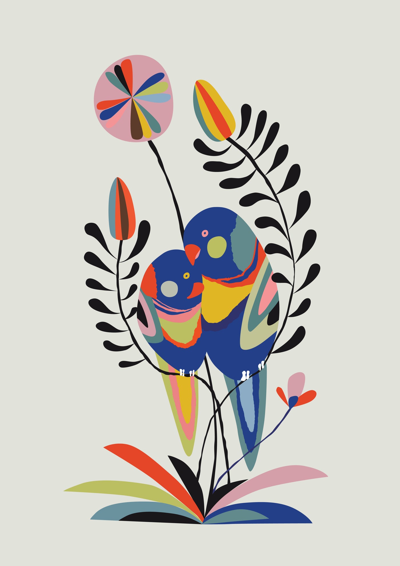 Two vibrant Rainbow Lorikeets with multicolored feathers sit together among abstract branches and flowers on a light background. "Rainbow Lorikeet by Rachel Lee" is a modern art print from fap's Featured Artists Collection.